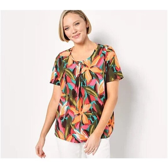 Denim & Co Printed Pintuck Short Sleeve Blouse Deep Teal Multi,XL - Picture 1 of 1